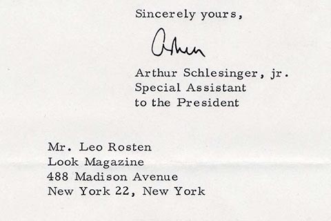 Bottom portion of a letter from Schlessinger, including "Yours truly, Arthur Scheslinger, Jr., Special Assistant to the President" complete with signature.