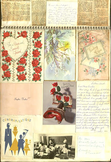scrapbook page containing greeting cards, letters and news clippings