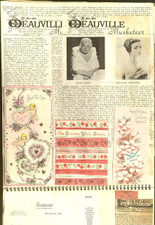 scrapbook page with news clippings and greeting cards
