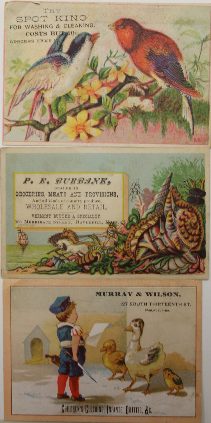 Three trading card advertisements aligned over one another, one depicting birds, another shows a snail, and the third a boy with ducks