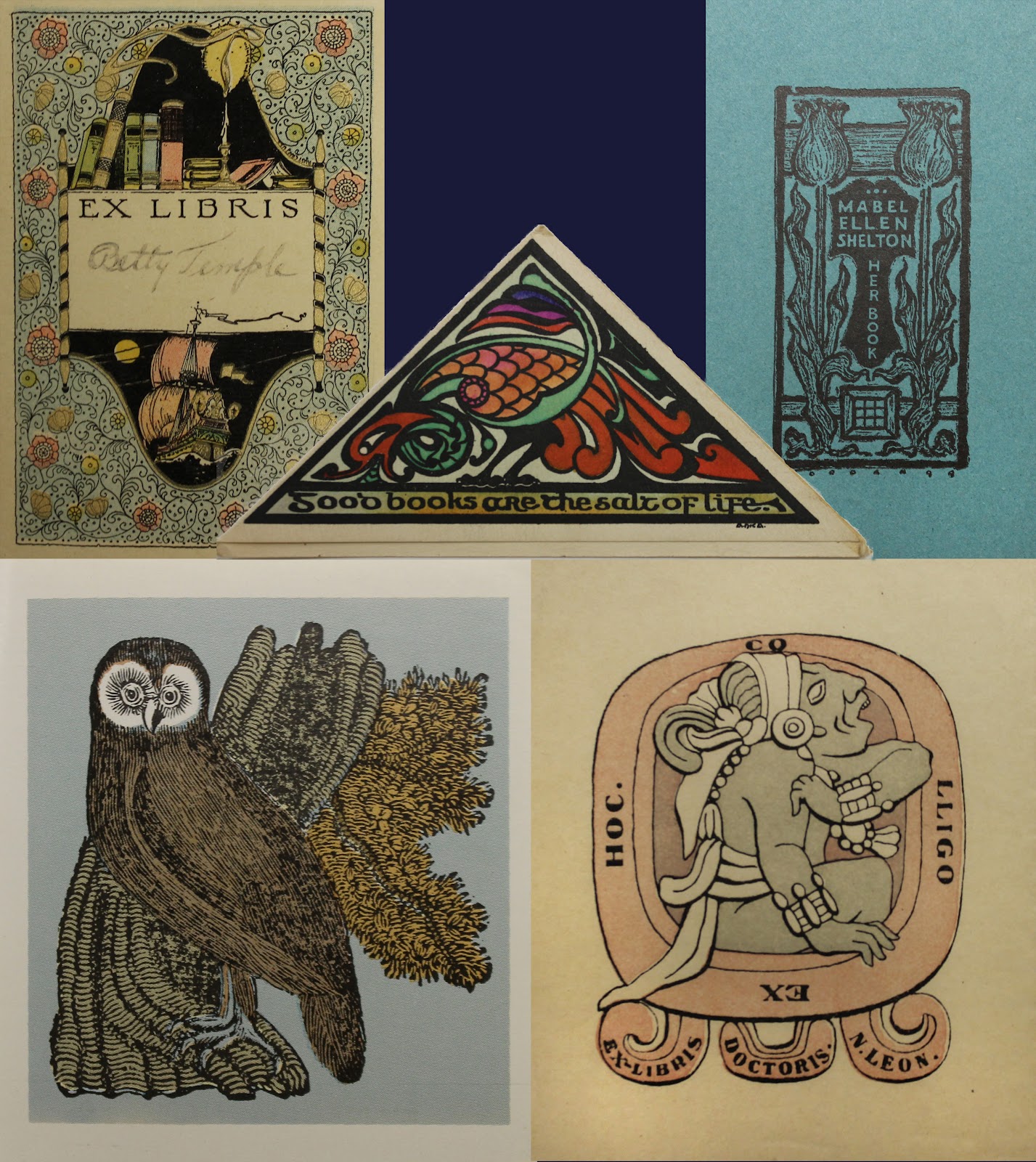 Multiple book plates with elaborate designs including an owl, an elaborate border, tulips, a pre-columbian figure and other decorative elements, 