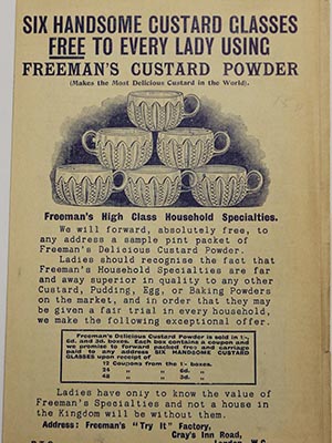 Advertisement for Freeman's custard powder and custard glasses