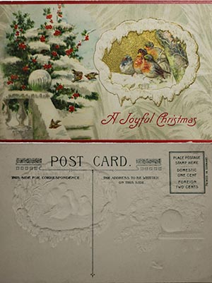 Greeting card: A Joyful Christmas post card with a snowy scene including an inset image of birds