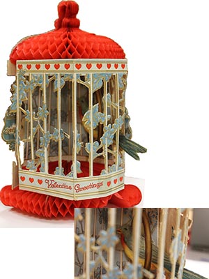 Valentines Day greeting card with bird in a bird cage