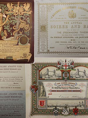 Leisure and Entertainment: invitations and tickets for a Soiree and Ball, a university athletics club, Laying the memorial stone in the Tower Bridge (an invitation from the Queen), International Guild of Journalists