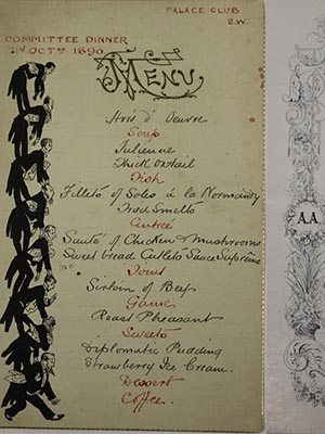 Leisure and Entertaining: menus. In one menu the left border has a humourous drawing of a stack of 8 waiters piled up, each on another waiter's back below him. the other very decorative menu has initials on the left and the right in the midst of an ornate border.