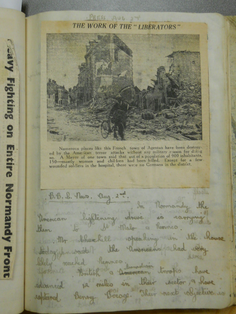 Entry dated Aug. 2nd.  Newsclipping title is: The Work of the "Liberators" with photo of destruction and a caption "Numerous places like this French town like have been destroyed by American terror attacks without any miliary reason for doing so... 