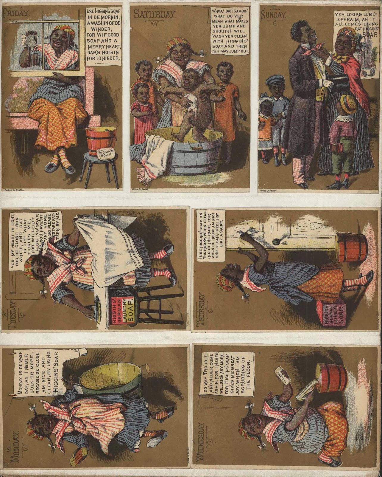 A collection of trading cards depicting a cartoonishly rendered black woman speaking in a stereotypical vernacular about the many wonderful traits of Higgins Soap. 