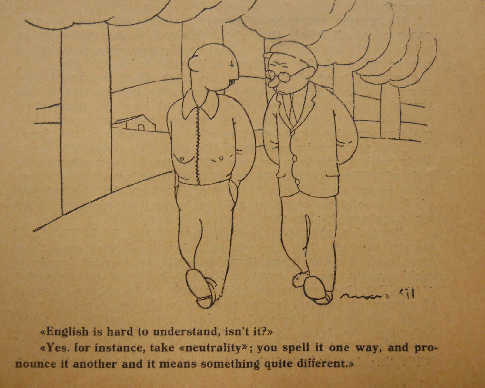 Cartoon depicting two men walking as they discuss the concept of 'neutrality'