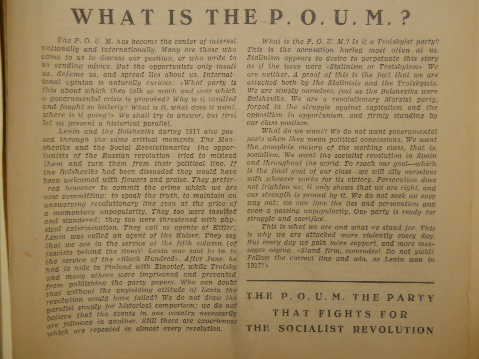 "What is the POUM?" publication explaining the P.O.U.M. The party that fights for the Socialist Revolution