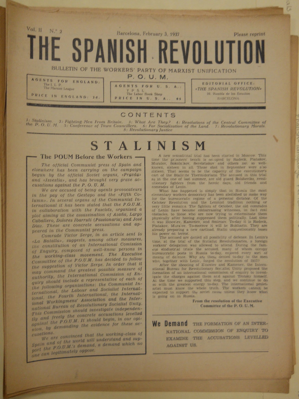Issue of The Spanish Revolution, bulletin of the Workers Party of Marxist Unification P.O.U.M.