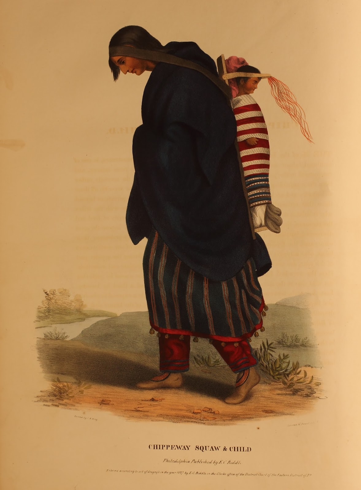 Illustration of a woman carrying infant on her back, Text: Chippeway Squaw and Child