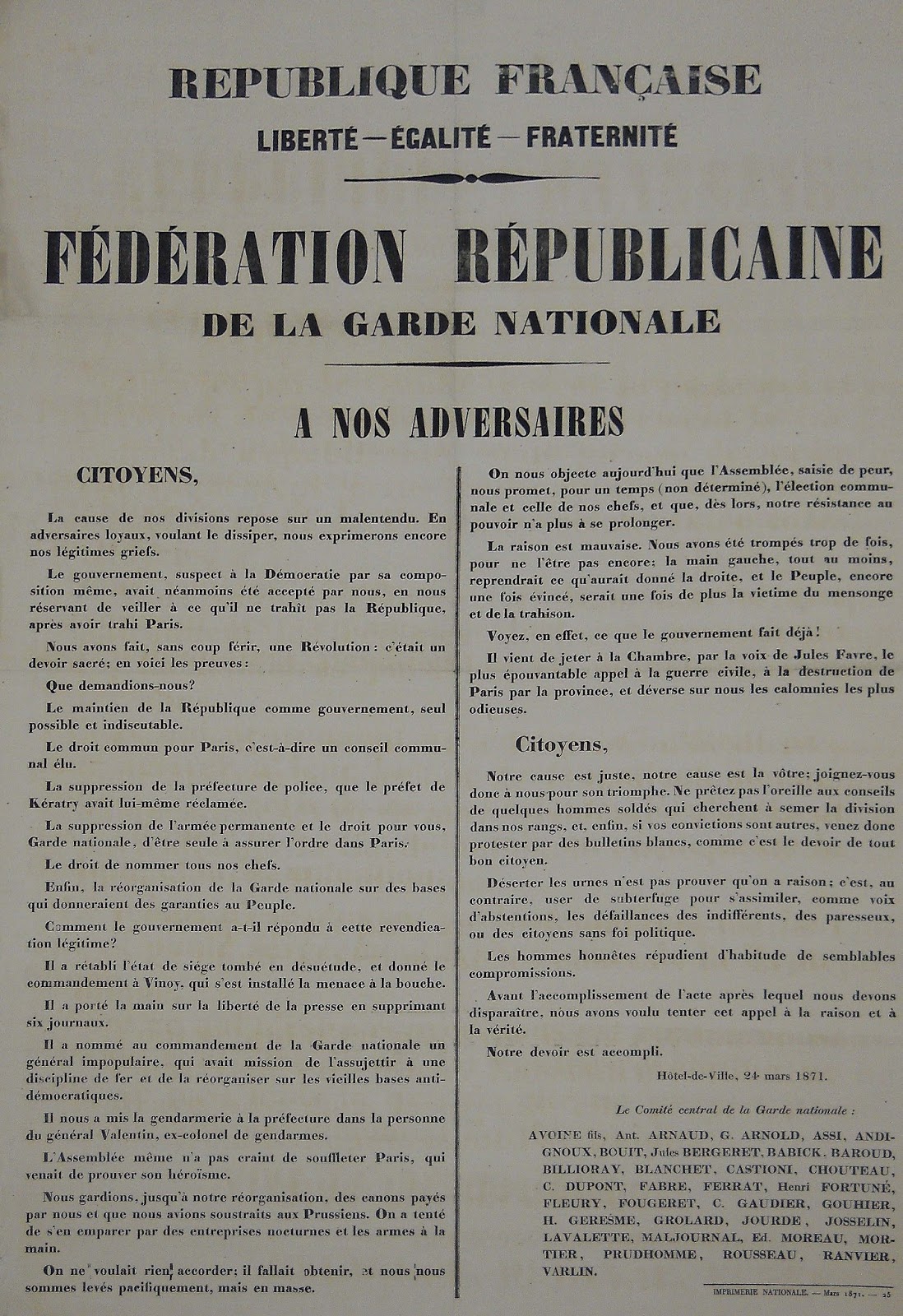 A poster displayed by the French Republic during the 1871 Paris Communer: Our Adversaries