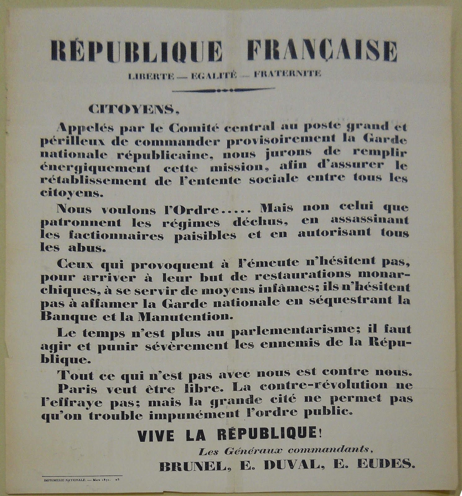 Poster with declaration of the commanders of the National Guard stating their intention to resist the forces of the counter-revolution. "It is no longer time for parliamentarism: we must act and severely punish the enemies of the Republic."