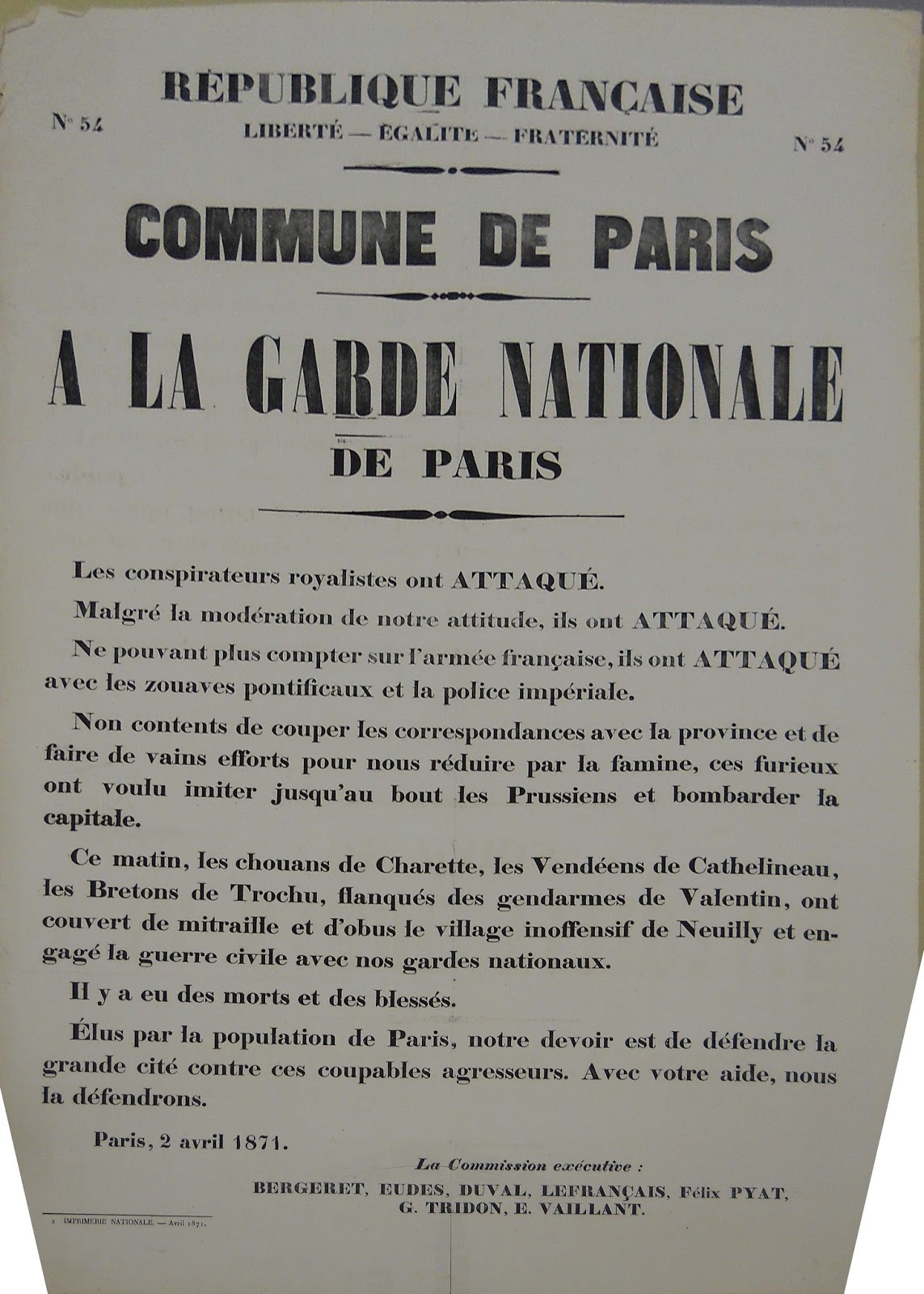 A poster displayed by the French Republic during the 1871 Paris Commune