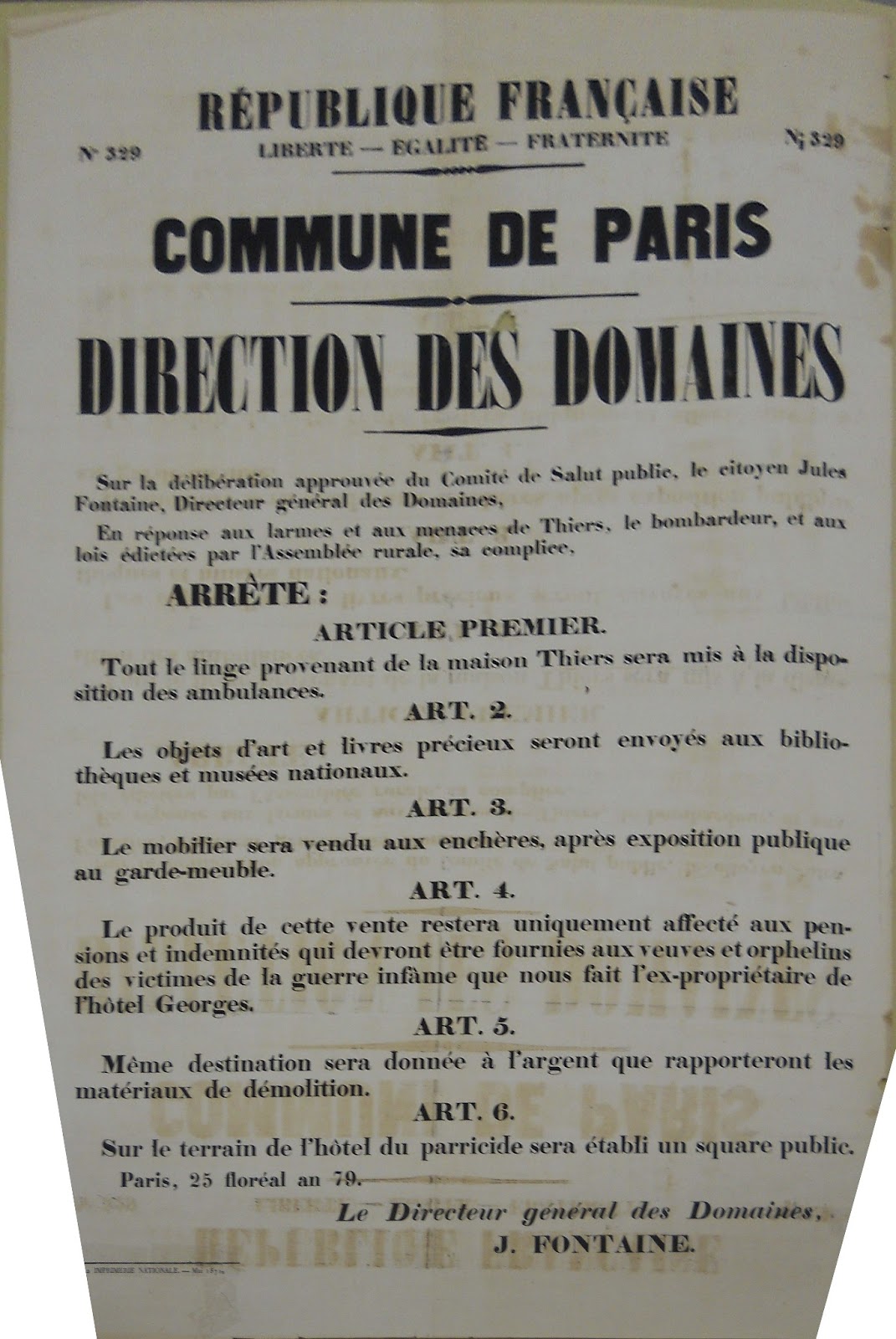 Poster with six articles detailing the plans of the Commune's leadership to confiscate the propertiy of the leader of the Versailles government.