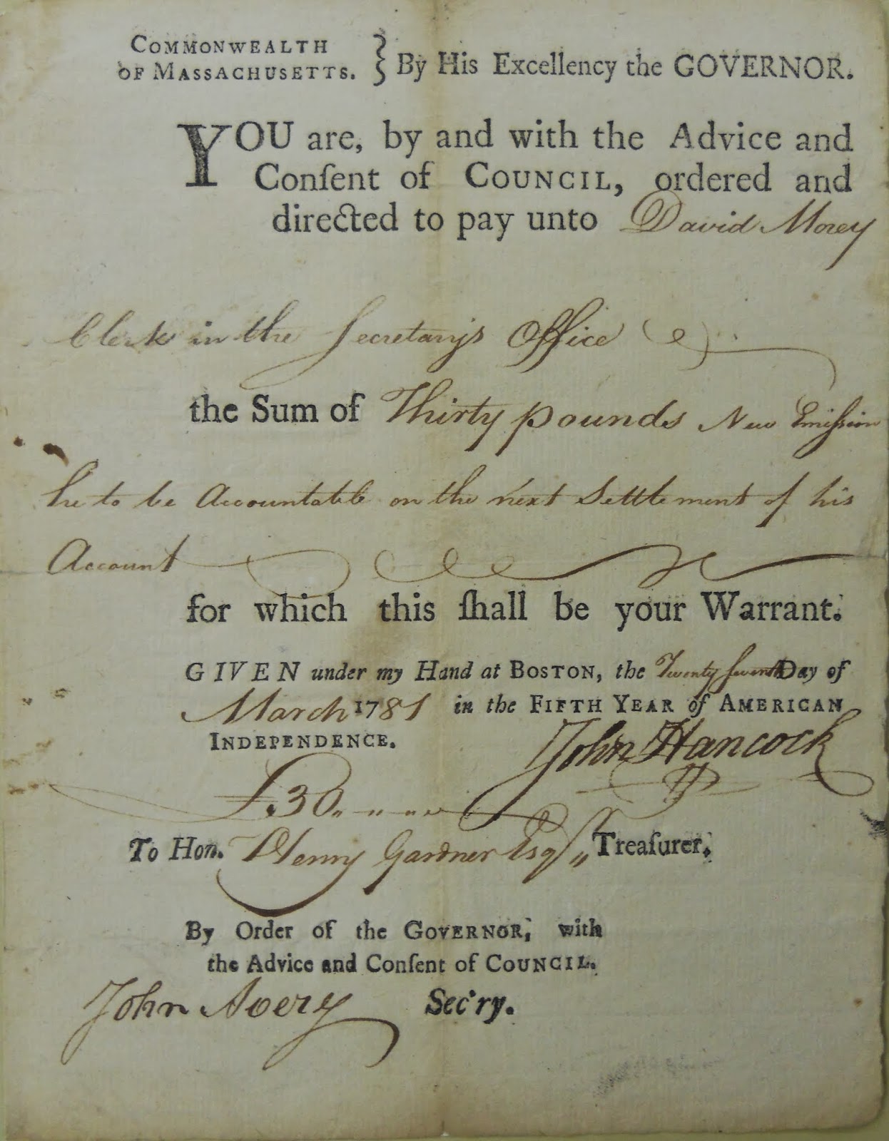 Order from the Governor of Massachusetts signed by John Hancock, John Avery and Henry Gardner