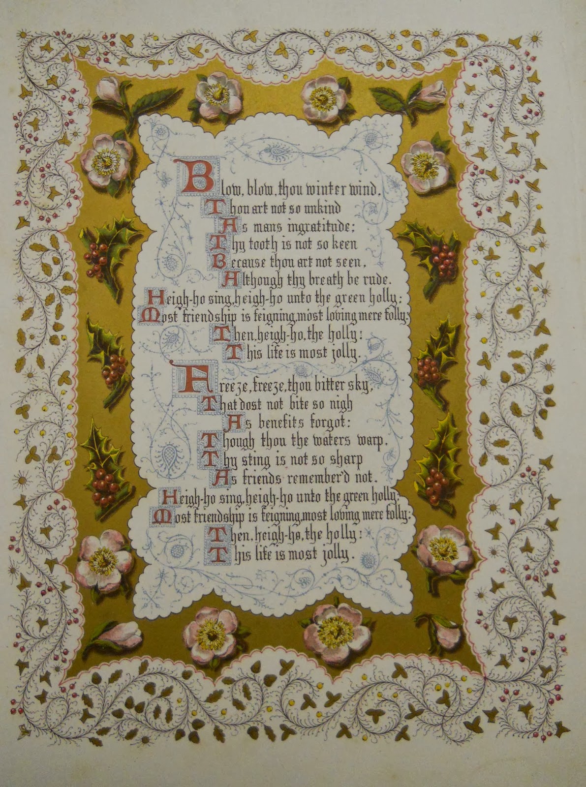 Poem "Blow, Blow Thou Winter's Wind" with elaborate decorative border and decorative initial letters