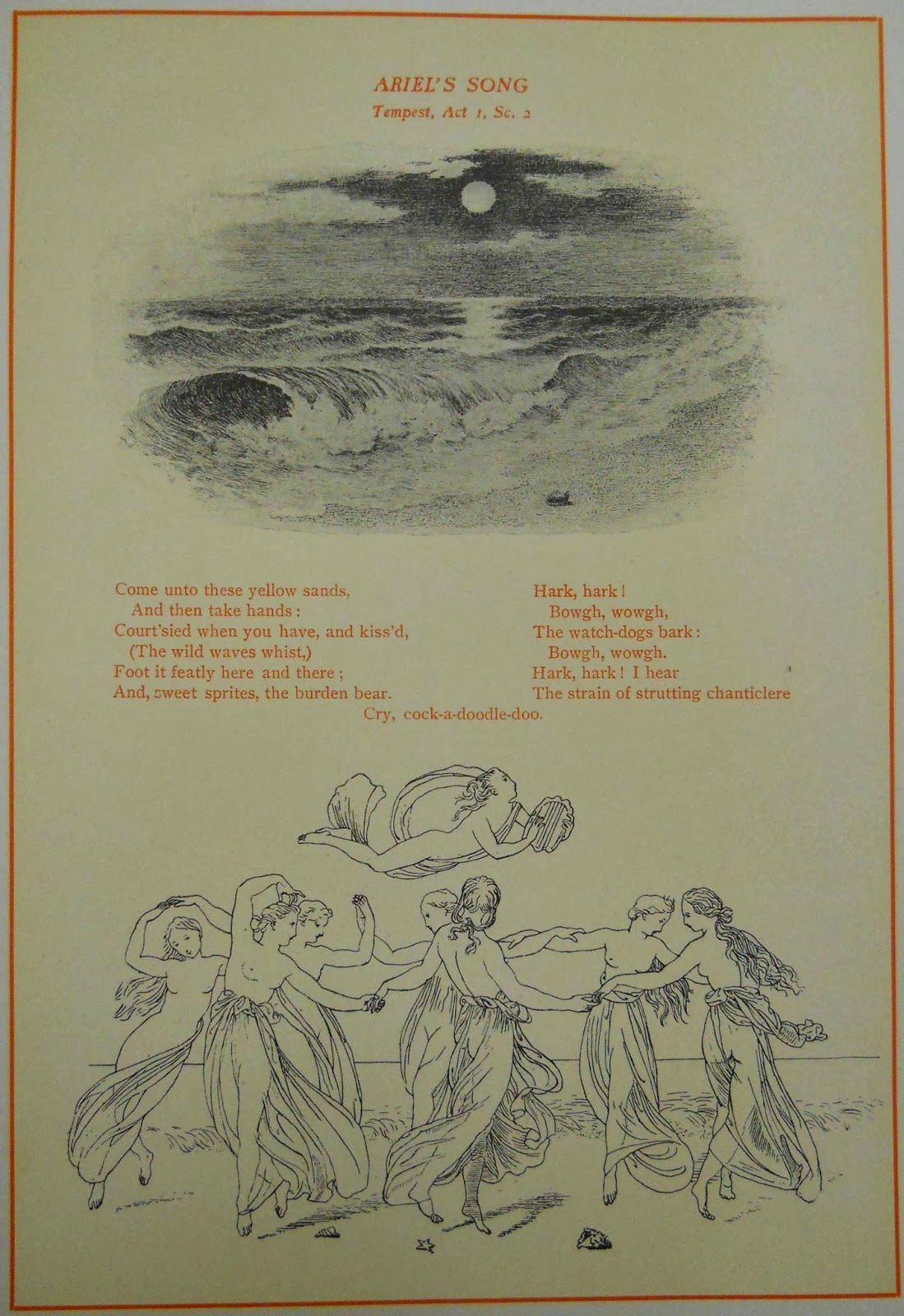 From the Rare Print Collection, "Ariel" from "The Tempest" with illustrations of crashing waves under a full moon (above), and women dancing with an angel above them (lower illustration).