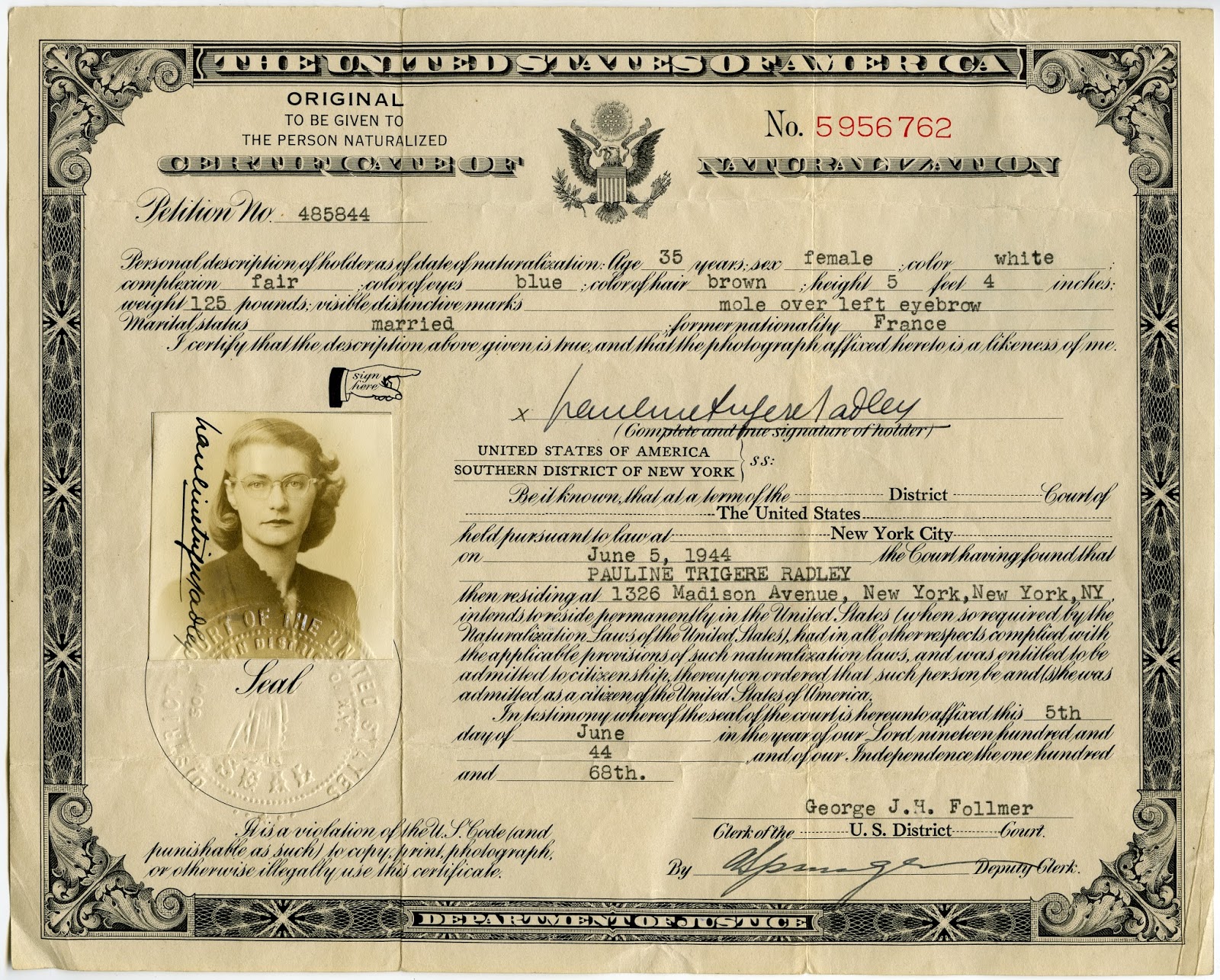 Naturalization papers of Pauline Trigere