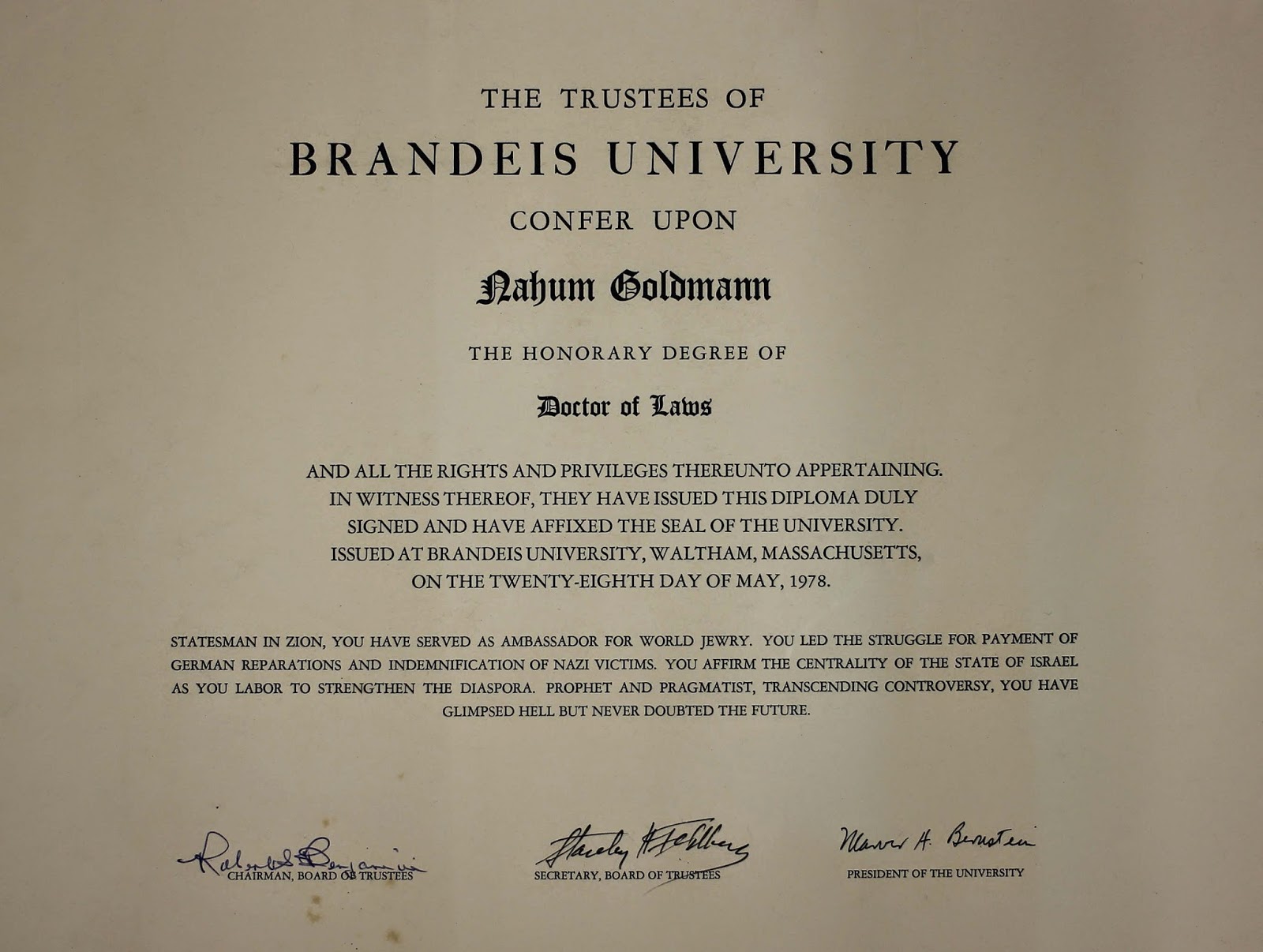 Nahum Goldmann's honorary Degree diploma from Brandeis