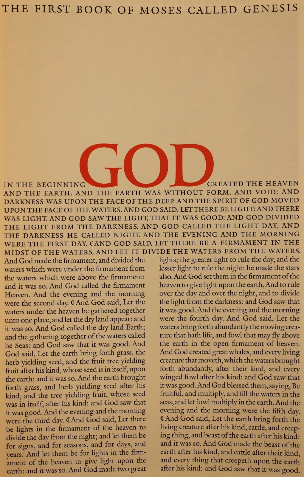 The first page of Genesis with GOD in large red letters next to the rest of the text in small back text.