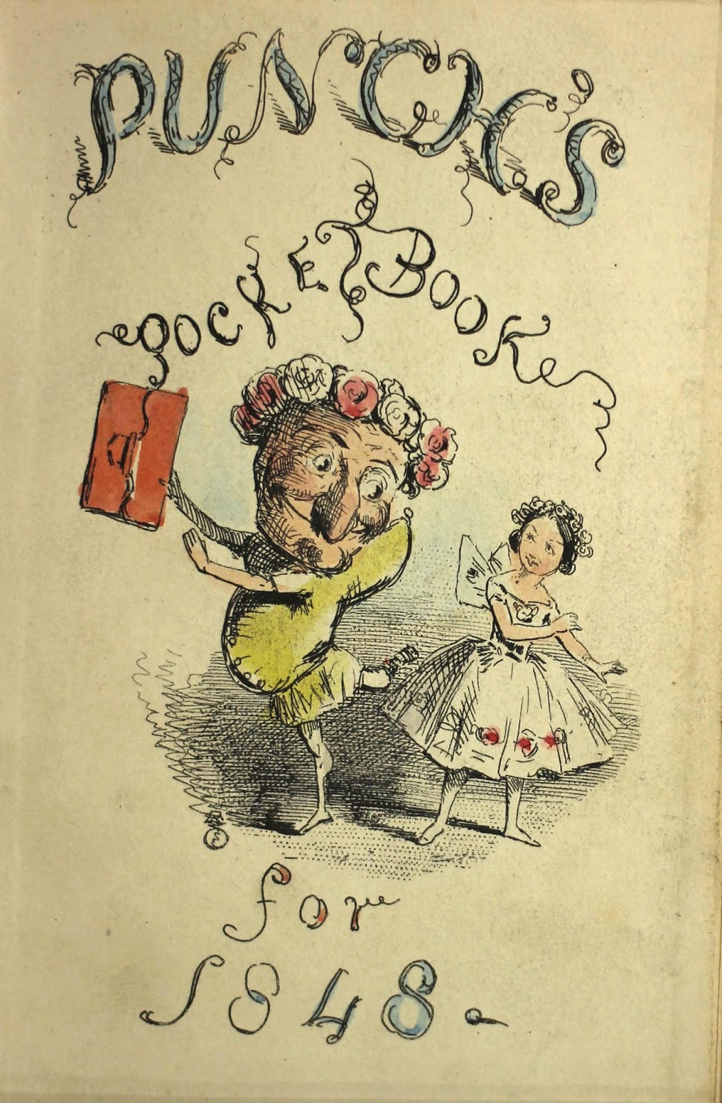 Front cover of a 1848 edition of Punch’s Pocket Book, with color illustration of a small girl in a white dress who is dancing with a larger figure holding the red pocketbook