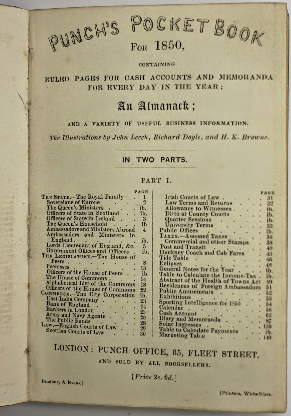 1850 Punch's Pocket Book table of contents for Part I, which includes pages for cash accounts and memoranda, an almanac, and other business information