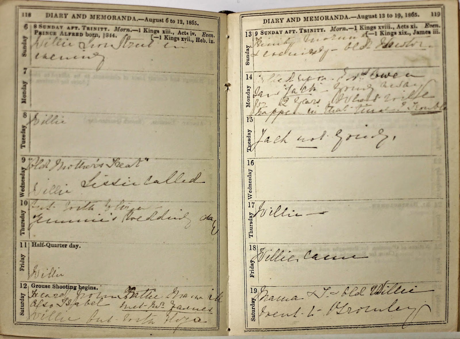 Two diary pages of Punch’s Pocket Book with the left page for August 6 to 12, 1865 and the right page for August 13 to 19,1865