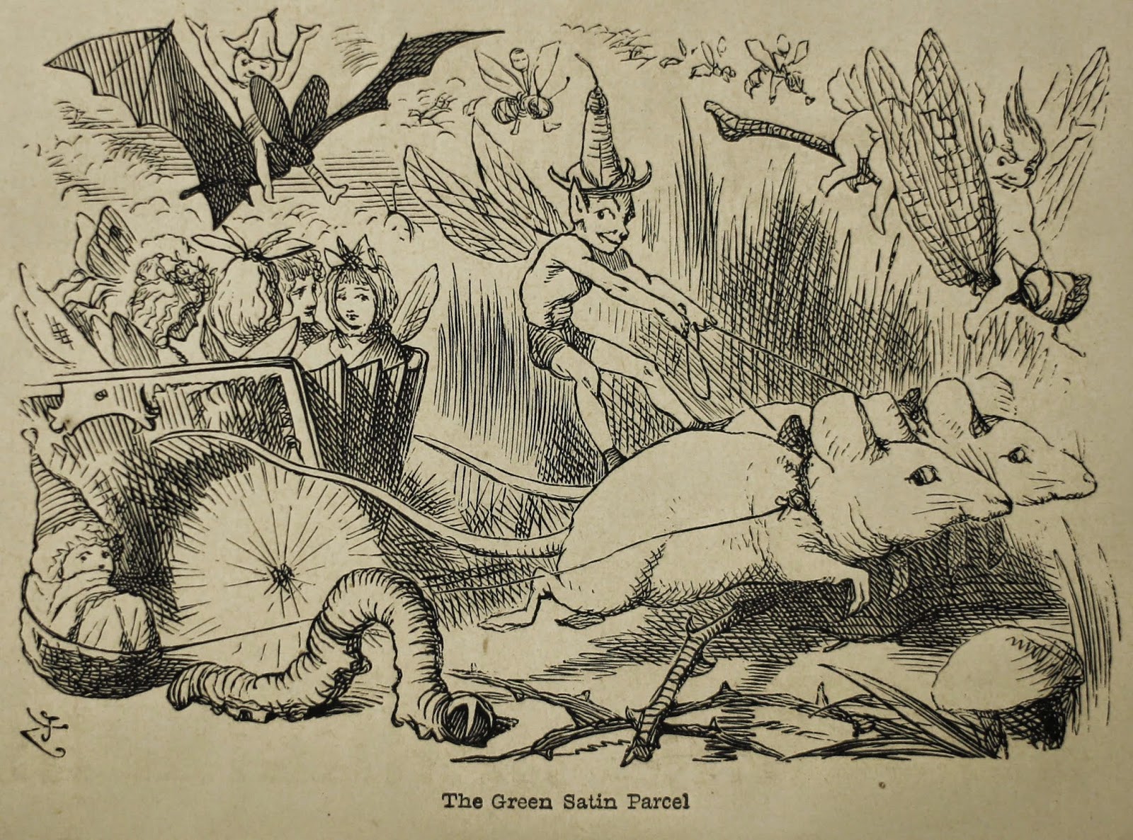 Illustration titled "The Green Satin Parcel" with a male fairy controlling two mice that are pulling a pocket book carriage of female fairies