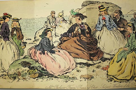 Color illustration titled "Mrs. Professor Fogey's Reading Class_Subject: Wonders of the Deep" with women in dresses talking on a beach or exploring