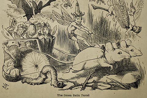 Illustration titled "The Green Satin Parcel" with a male fairy controlling two mice that are pulling a pocket book carriage of female fairies