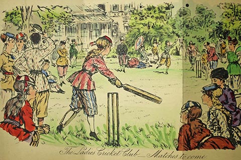 Color illustration labeled "The Ladies Cricket Club_Matches to come" with a woman getting ready to play as others look on