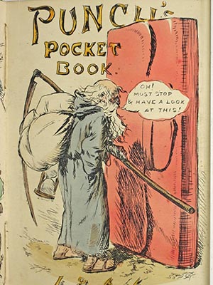 1866 color illustration of the Father of Time taking a pause to look at Punch's pocket book, while he is holding a sack, sythe and hourglass