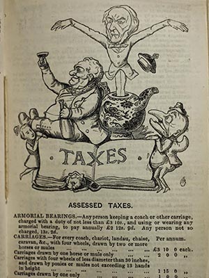 Illustration of a gluttonous figure toasting on top of a book labeled "Taxes," accompanying text for Assessed Taxes