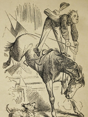 Illustration titled "The Art of Riding" with a man launched in air and trying to hold onto the reins of a horse, as a dog looks on in terror