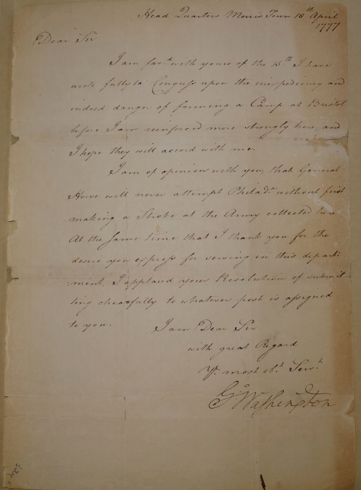 A handwritten letter by George Washington in 1777