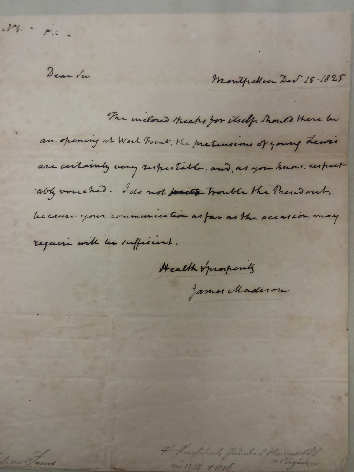 Handwritten letter from James Madison, 1825