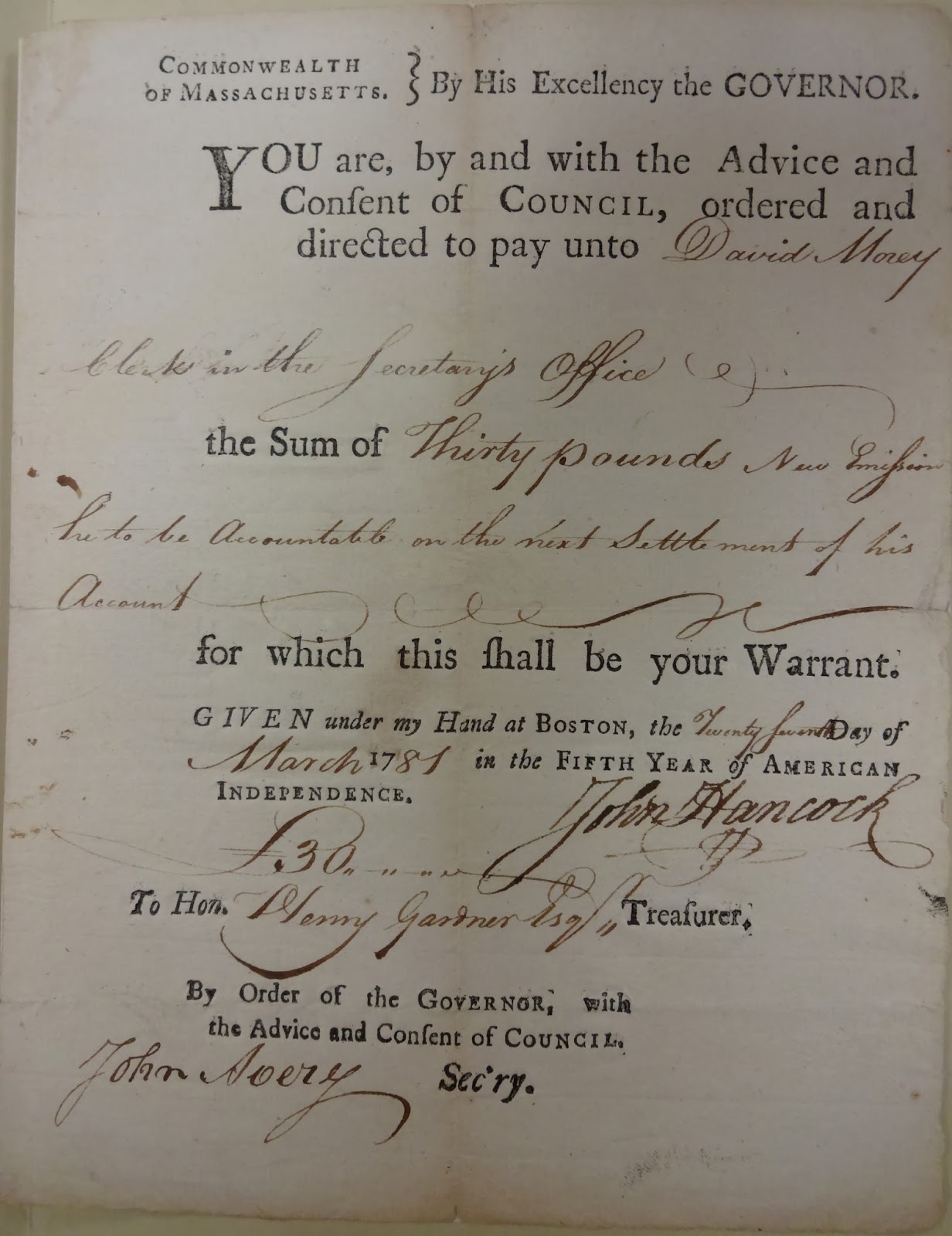 Government document fining an individual, signed by John Avery
