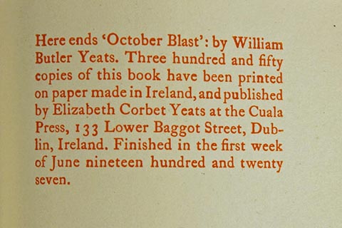 Publisher's note at end of October Blast, published by Cuala Press
