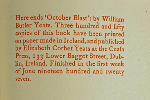 Publisher's note at end of October Blast, published by Cuala Press