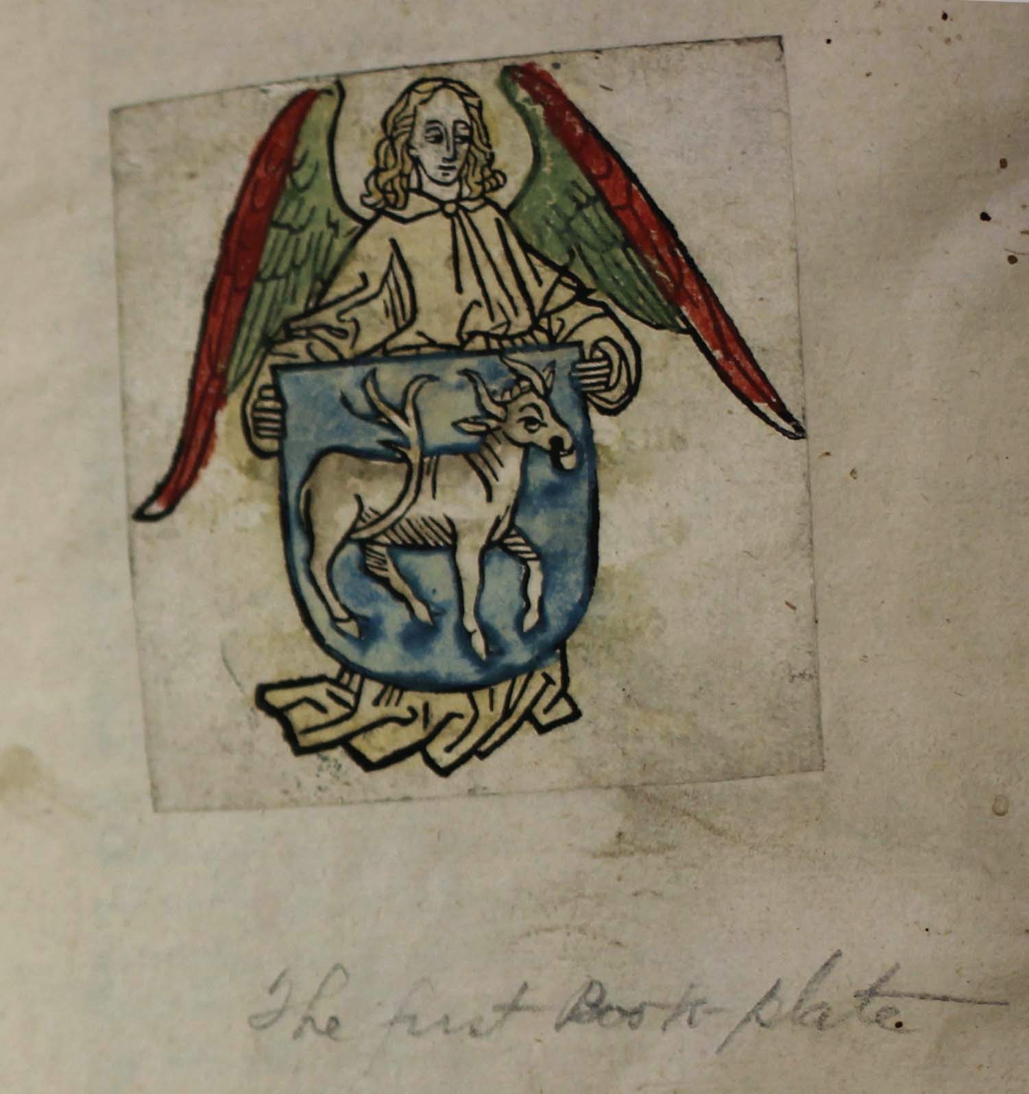 Illustration, which is labelled in pencil "The first book plate," depicts of an angel holding a shield with picture of a goat.