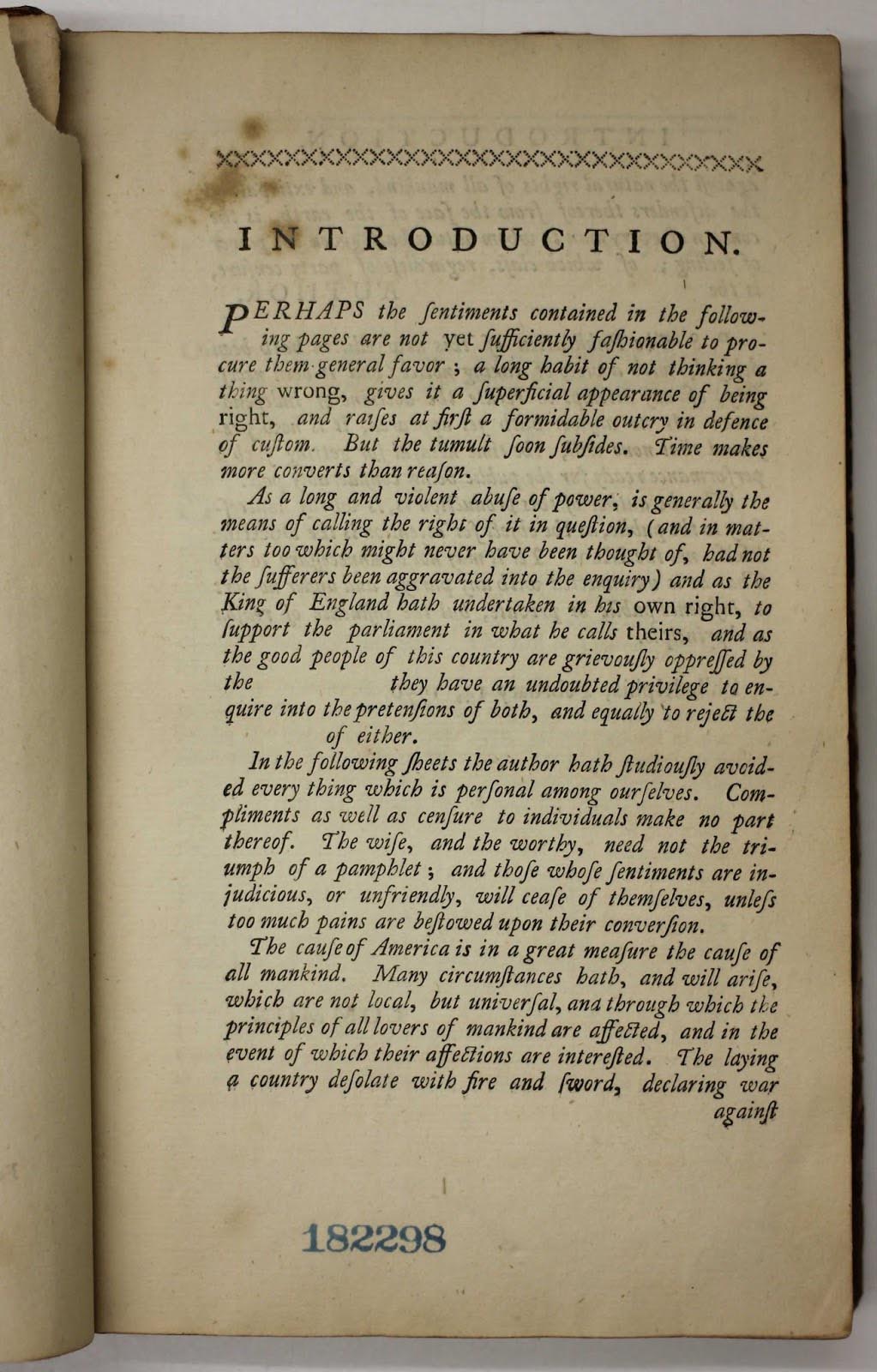 Introduction page from Thomas Paine's "Common Sense"