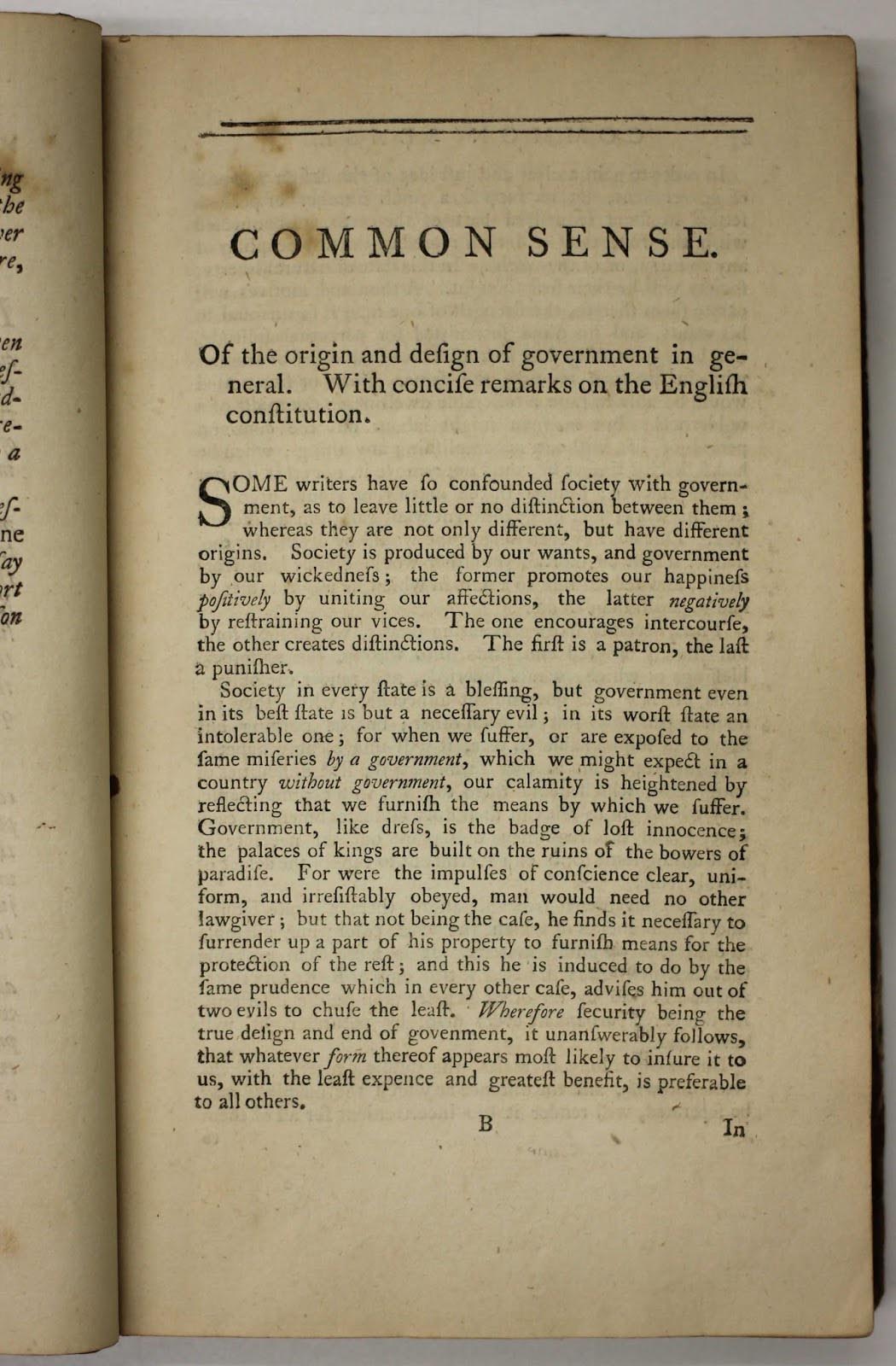 First page of text from Thomas Paine's "Common Sense"
