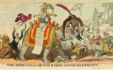 "The Rehearsal or the Baron and the Elephant" by George Cruikshank. Cartoon of an elephant with people all around. A harlequin rides the elephant seated on a scroll