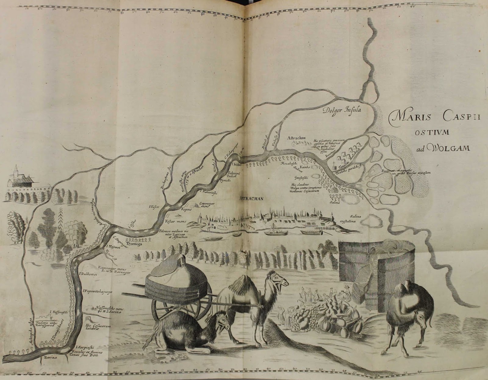 Map withg illustrations including camels in the foreground