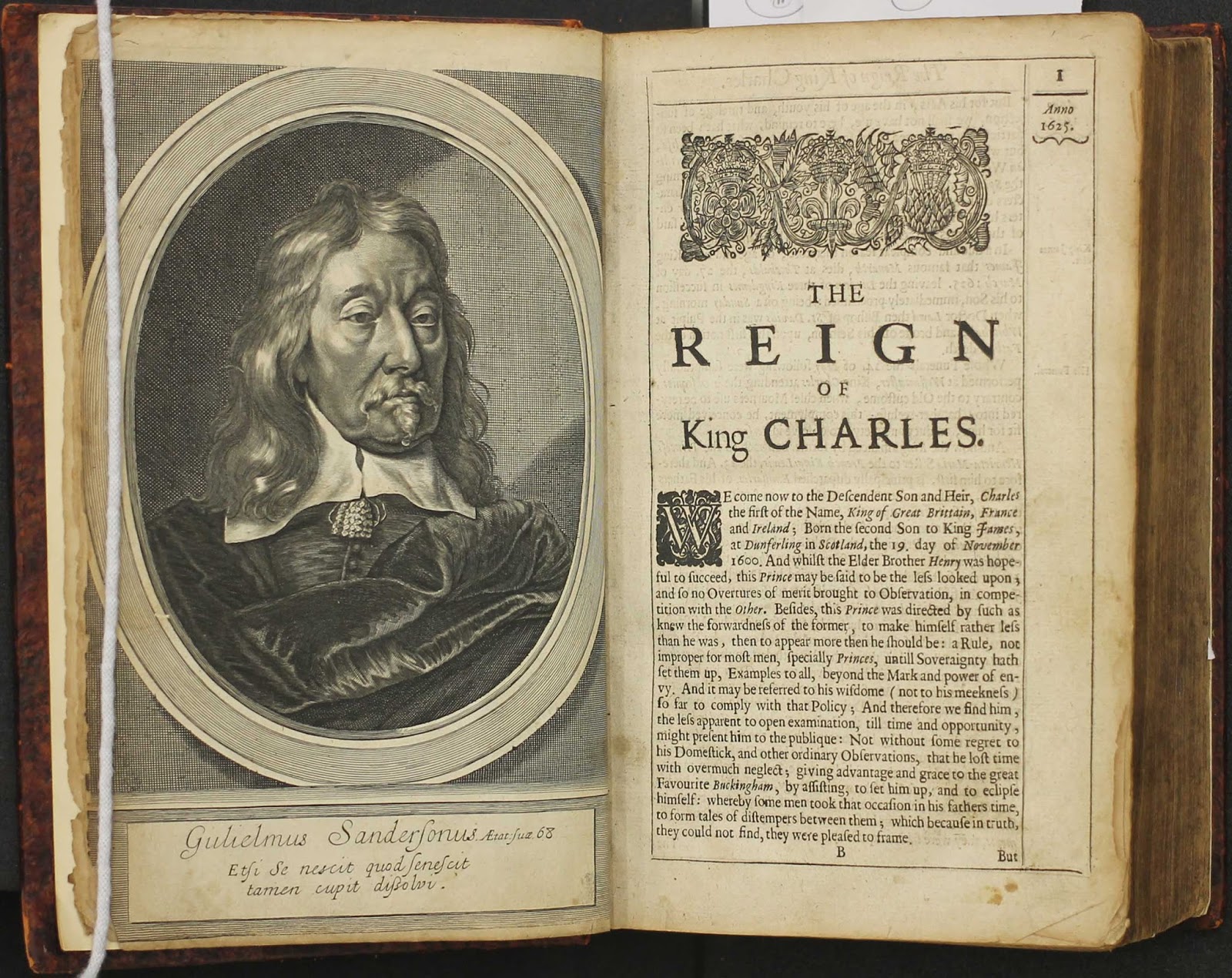 The Reign of King Charles, Frontispiece and Page 1 with engraving of King Charles and decorated initial letter