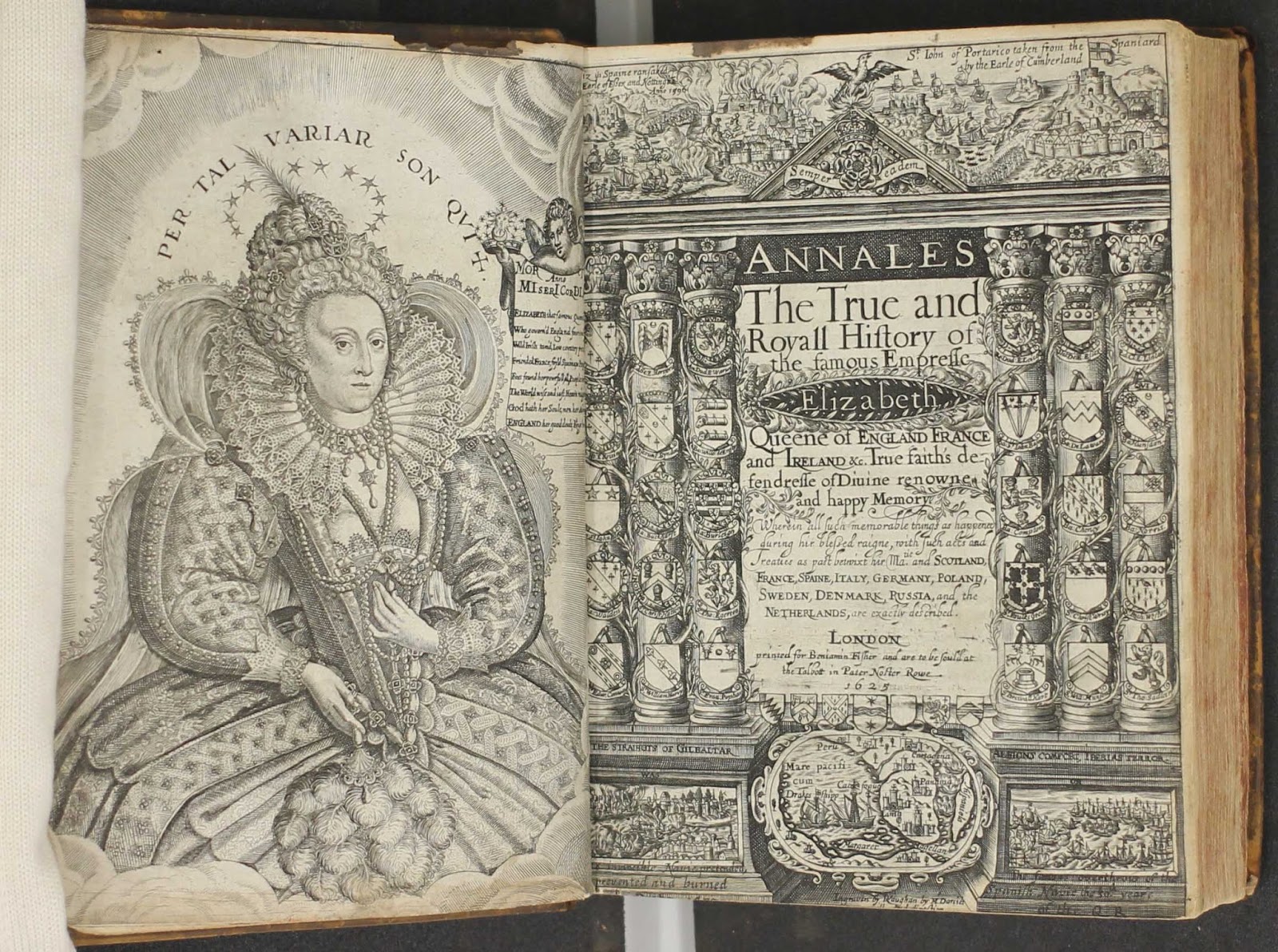 Annales. the Ture and Royall History of the famous Empresse Elizabeth Queen of England, France an Ireland.  with very ornate border decorations and engraving of Elizabeth on the opposite page.