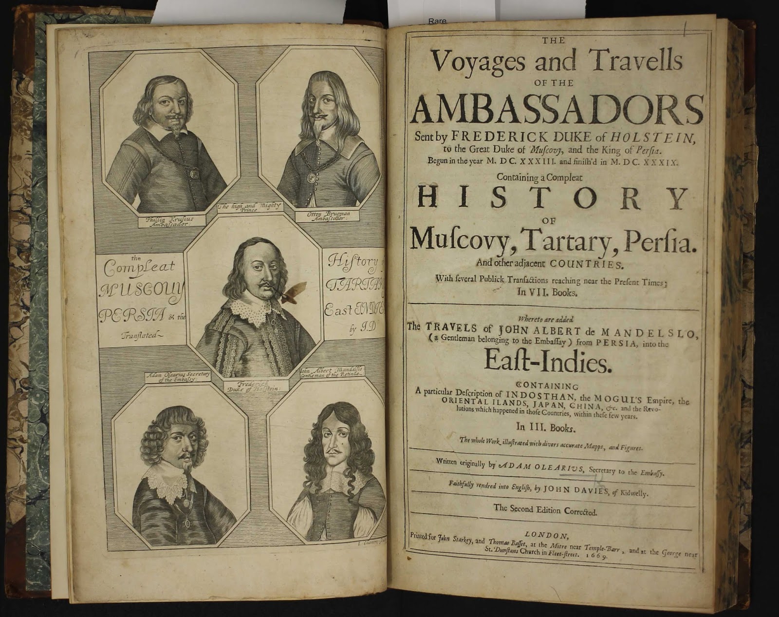 Title pageof "The Voyages and Travells of the Ambassadors. containing a compleat hisotry of Muscovy, Tartary, Persia and other adjacent countries.  With engravings of the travellers on the facing page