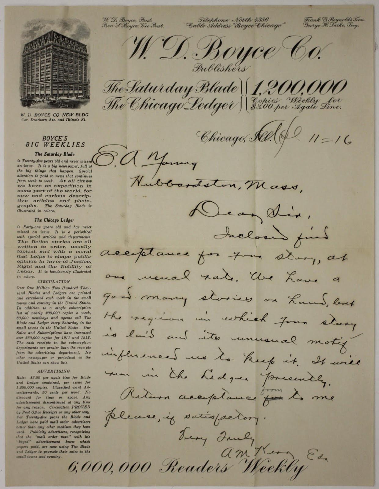 Handwritten correspondence between Ernest Young and a publisher, on the WD Boyce letterhead. There is an engraving of the building on the upper left, and a tagline at the bottom: "6,000,000 Readers Weekly. bo.